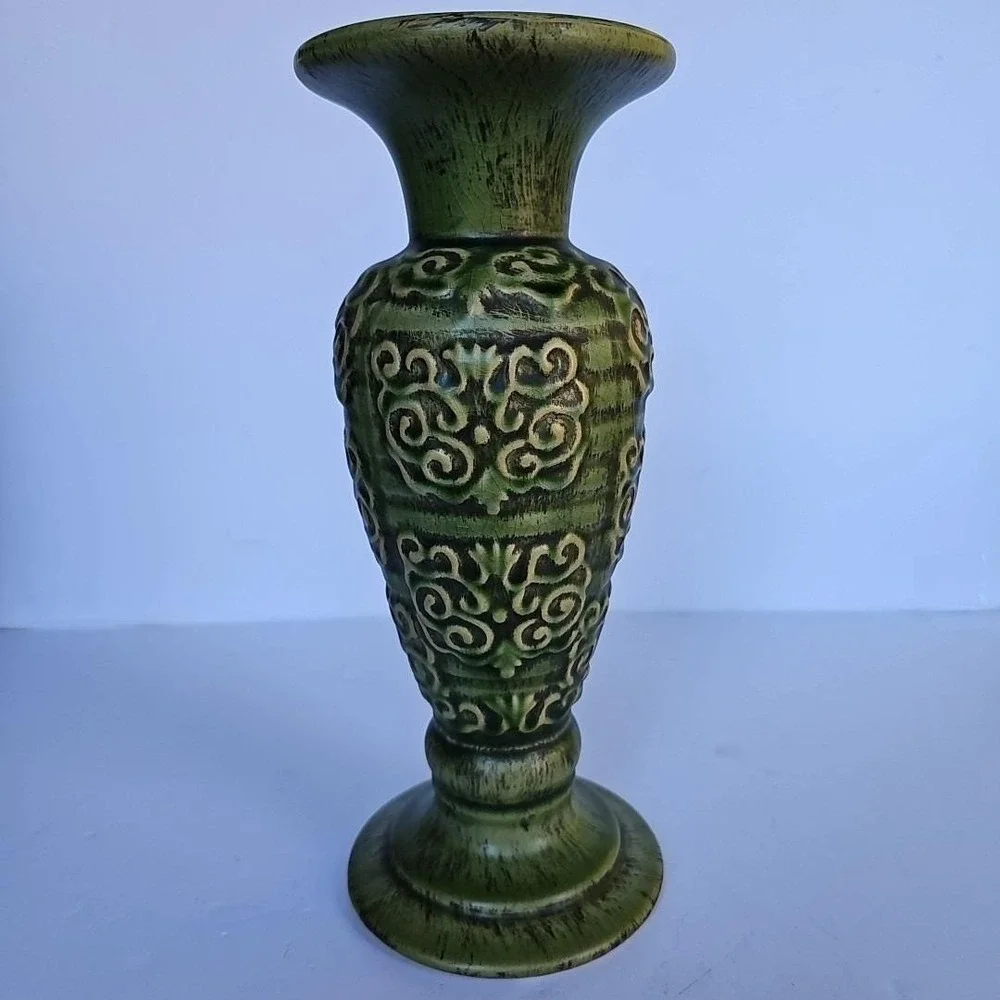 Vintage Pier 1 Imports Green Crackle Glaze Scroll Pillar Candle Holder 12